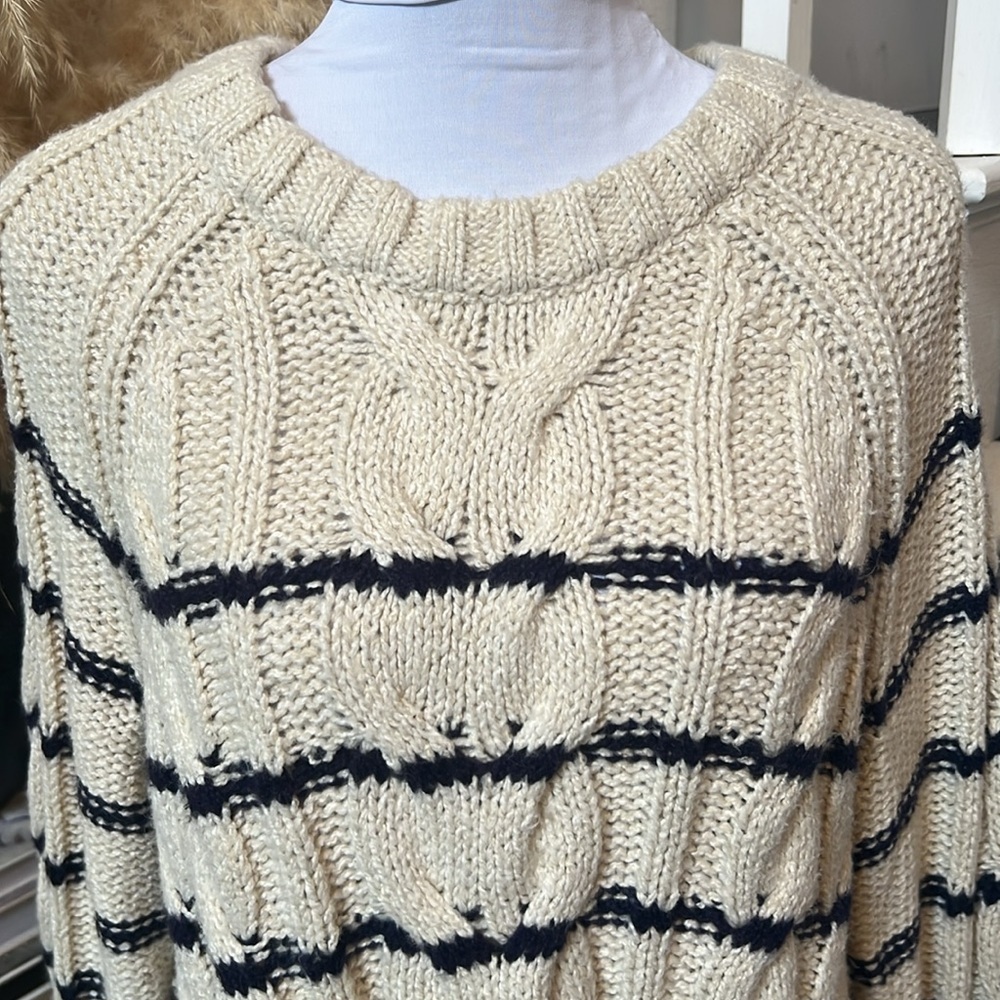 J.Jill Womens Sweater Ivory Blue Stripe Cable Knit Nautical Crew Neck SZ Large - Picture 3 of 8